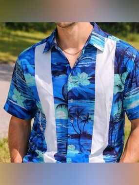 Blue Tropical Hawaiian Button-Up Shirt Size L